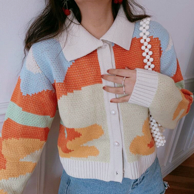 Geometric pattern color block knitted cardigan