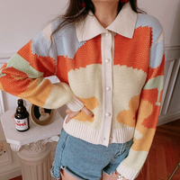 Geometric Pattern Color Block Knitted Cardigan - Thumbnail 4