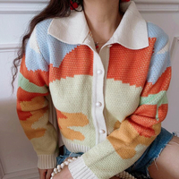 Geometric Pattern Color Block Knitted Cardigan - Thumbnail 6