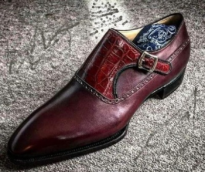 Handmade Burgundy Alligator Leather Monk Strap Dress Formal Fashion Shoes