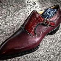 Handmade Burgundy Alligator Leather Monk Strap Dress Formal Fashion Shoes - Thumbnail 1