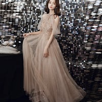 Elegant tulle beads long prom dress evening dress - Thumbnail 1