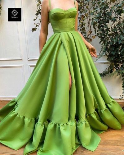 New A-Line Sweetheart Green Satin Long Prom Evening Dresses with Split,Formal Party Dresses