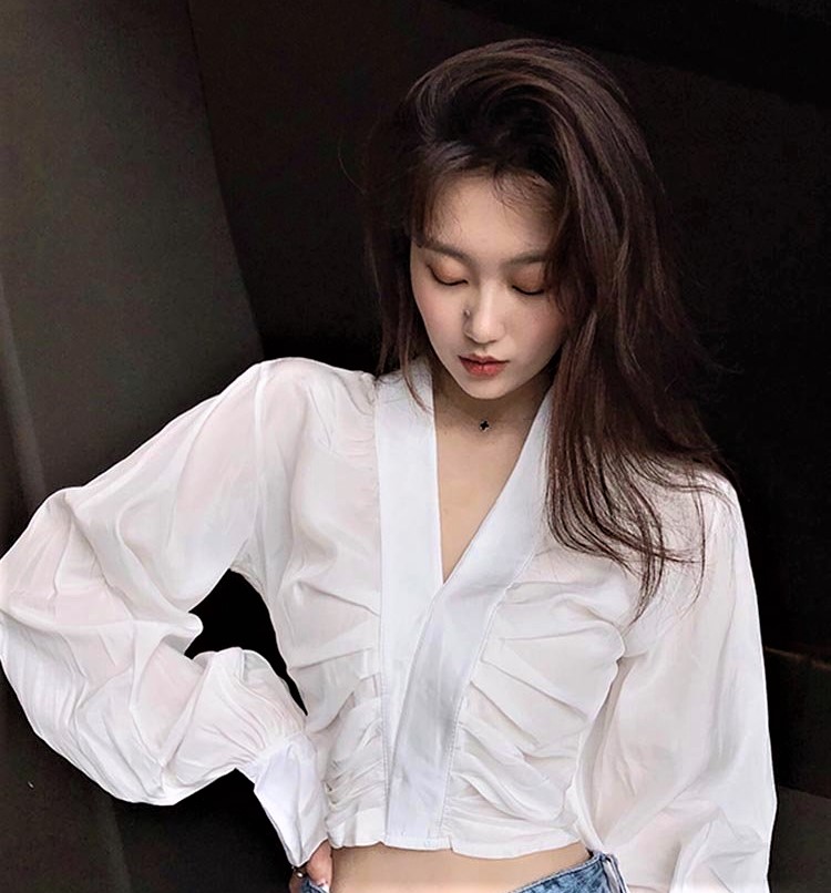 Sexy Ruffle Deep VNeck Puffy Long Sleeve Crop Tops · Chyclothing