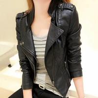 NEW WOMEN WIDE COLLAR LEATHER SLIM BIKER BLACK JACKET  - Thumbnail 1