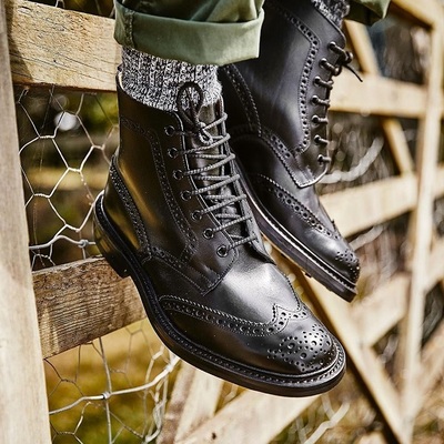 Mens new black wing tip leather fancy ankle lace up formal boot - Thumbnail 1