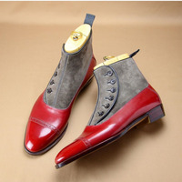 Handmade Brown Burgundy & Gray Button Top Leather Suede Dress Men's Boot - Thumbnail 4