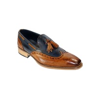 Two Tone Wing Tip Brown Blue Tassel Loafer Slip On Full Brogue Toe Genuine Leather Handmade Shoes - Thumbnail 4