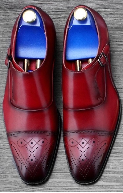 Burgundy Single Buckle Monk Strap Real Leather Rounded Brogue Cap Toe Handmade Shoes