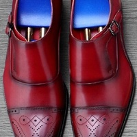 Burgundy Single Buckle Monk Strap Real Leather Rounded Brogue Cap Toe Handmade Shoes - Thumbnail 1