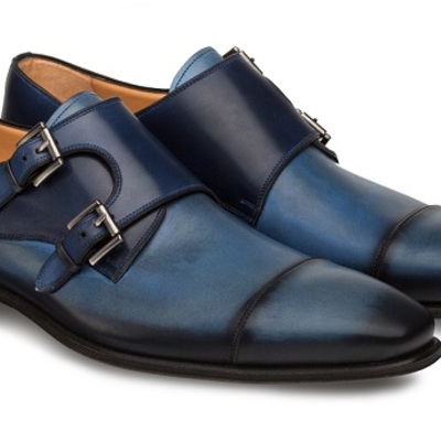Men two tone blue monk double buckle strap burnished derby cap toe handmade leather shoes