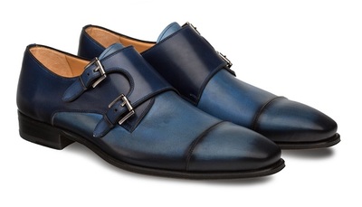 Men Two Tone Blue Monk Double Buckle Strap Burnished Derby Cap Toe Handmade Leather Shoes