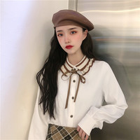 Cute Peter Pan Collar Lace up Lonbg Sleeve Blouse - Thumbnail 1