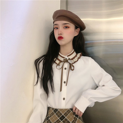 Cute peter pan collar lace up lonbg sleeve blouse