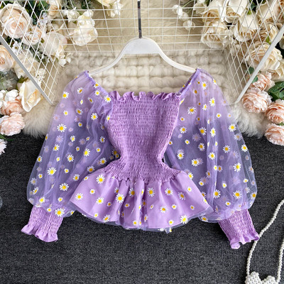 Ruffled kawaii lantern sleeve see trough lace top