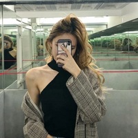 Cute Halter Neck Off Shoulder Crop Top Bodycon T-shirt Tee Shirt Blouse E-Girl Kawaii Korean Japanese Harajuku Retro Streetwear Aesthetic - Thumbnail 1