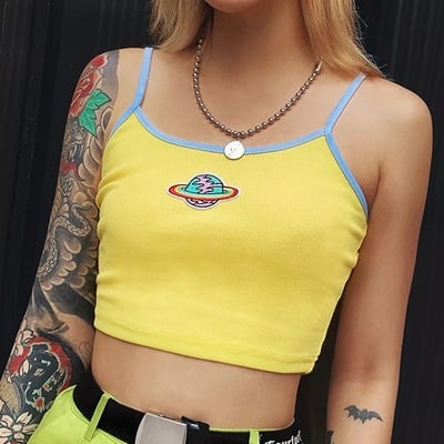 Cute Sexy Planet Embroidery Crop Top Tank Spaghetti Strap T-shirt Tee Shirt E-Girl Kawaii Korean Japanese Harajuku Retro Streetwear Fashion