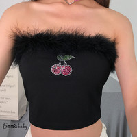 Cute Sexy Cherry Crystal Fluffy Fur Crop Top Off the Shoulder Tube T-shirt Tee Shirt E-Girl Kawaii Korean Japanese Harajuku Retro Streetwear Fashion - Thumbnail 1