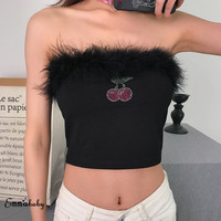 Cute Sexy Cherry Crystal Fluffy Fur Crop Top Off the Shoulder Tube T-shirt Tee Shirt E-Girl Kawaii Korean Japanese Harajuku Retro Streetwear Fashion - Thumbnail 2