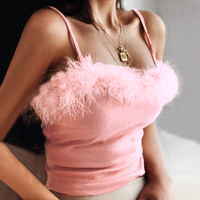 Cute Sexy Pink Lace Up Fluffy Fur Crop Top Camisole Tank Spaghetti T-shirt Tee Shirt E-Girl Kawaii Korean Japanese Harajuku Retro Streetwear Fashion - Thumbnail 1