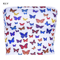 Cute Sexy Butterfly Print Colorful Crop Top Tube Off the Shoulder T-shirt Tee Shirt E-Girl Kawaii Korean Japanese Harajuku Retro Streetwear Fashion - Thumbnail 2