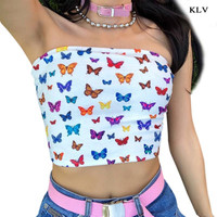 Cute Sexy Butterfly Print Colorful Crop Top Tube Off the Shoulder T-shirt Tee Shirt E-Girl Kawaii Korean Japanese Harajuku Retro Streetwear Fashion - Thumbnail 6