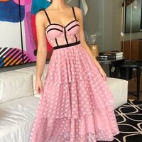 Chic A-Line Sweetheart Pink Point Tulle Tea Length Evening Dresses,Wedding Guest Party Dresses - Thumbnail 1