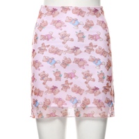 Cute Pink Bear Cartoon 90s Vintage Print Mesh Sheer Mini Skirt Bottom E-Girl Kawaii Korean Japanese Harajuku Retro Streetwear Fashion - Thumbnail 3