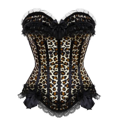 Sexy black and leopard print satin bustier corset