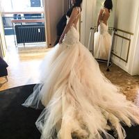 Charming Mermaid V Neck Cap Sleeves Open Back Lace Wedding Dresses with Tulle Train - Thumbnail 2