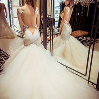 Charming Mermaid V Neck Cap Sleeves Open Back Lace Wedding Dresses with Tulle Train - Thumbnail 1