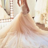 Charming Mermaid V Neck Cap Sleeves Open Back Lace Wedding Dresses with Tulle Train - Thumbnail 3
