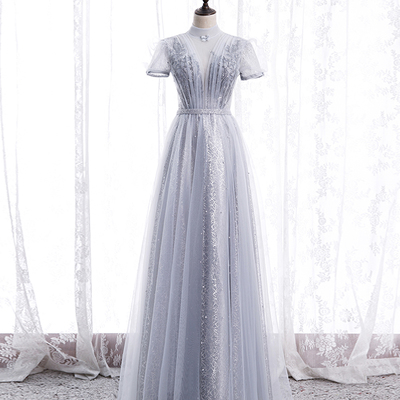 A line tulle sequins long prom dress evening dress - Thumbnail 4