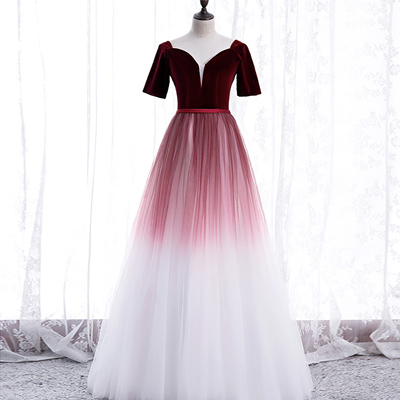 Burgundy velvet tulle long prom dress evening dress - Thumbnail 5