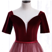 Burgundy velvet tulle long prom dress evening dress - Thumbnail 2