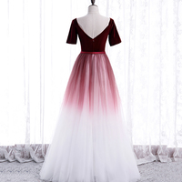 Burgundy velvet tulle long prom dress evening dress - Thumbnail 3