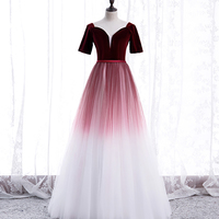 Burgundy velvet tulle long prom dress evening dress - Thumbnail 4