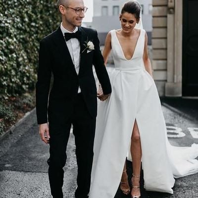 New arrival a-line satin wedding dress, sexy v-neck slit backless elegant bridal dress, - Thumbnail 2