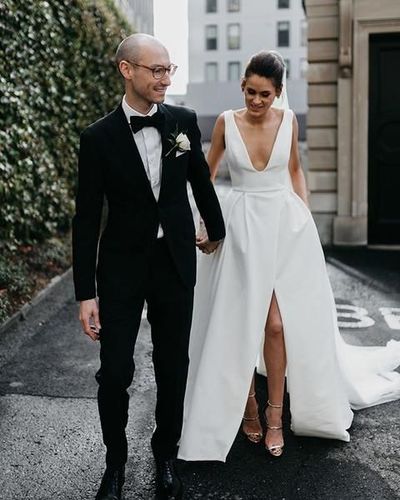 New Arrival A-Line Satin Wedding Dress, Sexy V-Neck Slit Backless Elegant Bridal Dress,