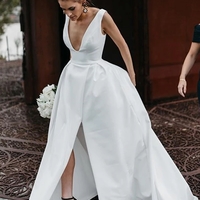 New Arrival A-Line Satin Wedding Dress, Sexy V-Neck Slit Backless Elegant Bridal Dress, - Thumbnail 1