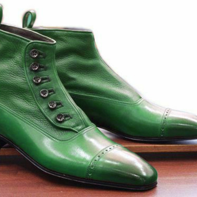 Hand made green black leather cap toe button dress boot - Thumbnail 1