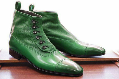 Hand Made Green Black Leather Cap Toe Button Dress Boot