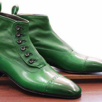 Hand Made Green Black Leather Cap Toe Button Dress Boot - Thumbnail 4