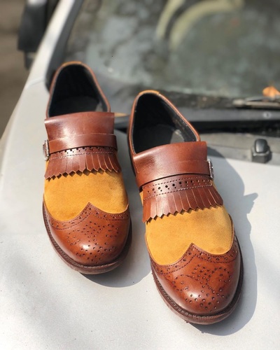 Handmade Men Wing Tip Brown Leather Monk Shoes