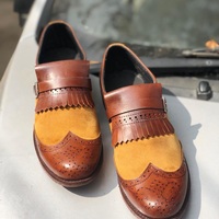 Handmade Men Wing Tip Brown Leather Monk Shoes - Thumbnail 4