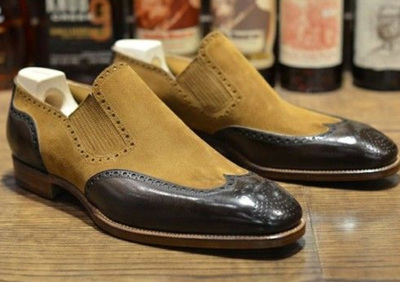 New Handmade Men Loafer Moccasin With Brogue Style Brown Black Wing Tip Shoes