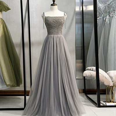 Gray tulle beads long prom gown evening dress - Thumbnail 4