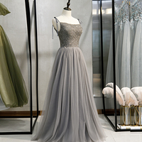 Gray tulle beads long prom gown evening dress - Thumbnail 1