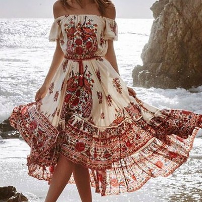 Chic off shoulder printed bohemian maxi dress - Thumbnail 2