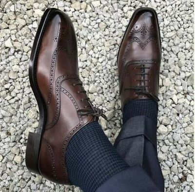 New Pure Handmade Brown Shaded Leather Lace up Brogue Shoes, Men Dress Shoes
